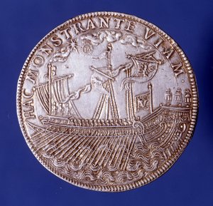 ヴィンセンツォ・ゴンザーガ（Vincenzo Gonzaga）（1562 - 1612）がガレー船を表すマンチュア公爵のDucat。 作： Unknown artist
