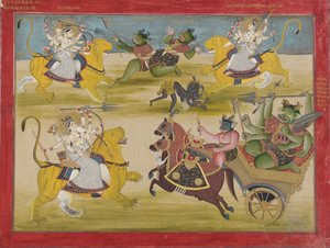Devi Mahatmya から、Rakshasas Shunga と Nishunga と戦うドゥルガー 作： Unknown artist