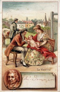 イギリスの医師エドワード・ジェンナー（1749-1823）は、1796年に天然痘ウイルスを子供に接種した。 作： Unknown artist