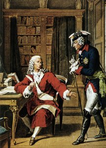 皇帝フリードリヒ 2 世 (1712 - 1786) が哲学者ヴォルテール (1694 - 1778) を訪問。 18世紀のエッチング。 作： Unknown artist