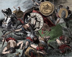 エパミノンダスがペロピダスを救出 - 古代ギリシャ。エパミノンダス（紀元前418〜362年）がコリント戦争（紀元前395〜387年）でペロピダス（紀元前420〜364年）を救う 作： Unknown artist