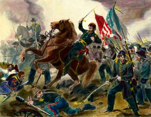 アメリカの分離独立戦争（1862-1865）または南北戦争のエピソード。アメリカ連邦軍の将軍ユリシーズ・シンプソン・グラント（1822-1885）が分離同盟国の軍隊と戦っているところ。19世紀のエングレーヴィング Private Collecti 作： Unknown artist