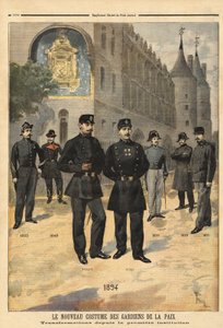 1860年から1894年までの平和維持軍の制服の変遷（パリ、コンシェルジュの時計塔の前で）。1894年9月「Le petit journal」に掲載されたエングレーヴィング。セルバのコレクション。 作： Unknown artist