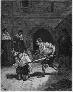 シャルル・ド・ゴントゥ・ビロンの処刑（1602年）：フランス王アンリ4世（1553-1610）への陰謀を企てたブルゴーニュ総督（1562-1602）の首を持った牧童シャルル・ド・ゴントゥ・ビロンの処刑。19世紀のエングレーヴィング。ジュの『フランス史』に掲載されている。 作： Unknown artist