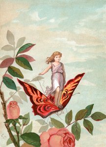 薔薇の中で蝶に乗る妖精 作： Unknown artist
