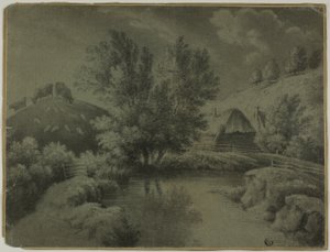農場, ∥で∥, 池, 中に, 前景, 牛, 放牧する, 上に, 丘