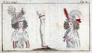 ファッション18世紀：1788年頃の女性のヘアスタイルとガーター。 作： Unknown artist