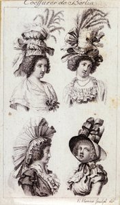 ファッション 18世紀：ベルリンの女性たちの帽子。1793年のエングレーヴィング。 作： Unknown artist