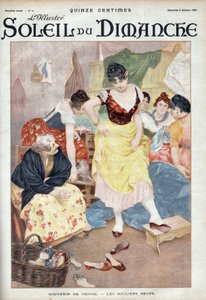 19世紀後半のファッション：ヴェネツィアの新しい靴。イタリアの都市からの靴を試す女性たち。10月8日付「Le sun-du-dimanche」に掲載されたエングレーヴィング。 作： Unknown artist