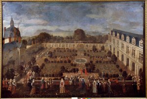 1673年、国王ルイ14世とその宮廷人の滞在のためのデュカル宮殿での饗宴。匿名の絵画 作： Unknown artist