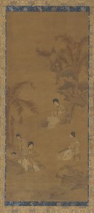 バナナのヤシの木の下の庭で女性ミュージシャン 作： Unknown artist
