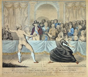 1787年4月9日、イーオン・ドゥ・ボーモンの騎士とムッシュー・ドゥ・サン・ジョルジュの間で行われたフェンシングの試合。エングレーヴィング