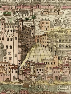 フェラーラ：都市の眺め、匿名の木版画の詳細 作： Unknown artist