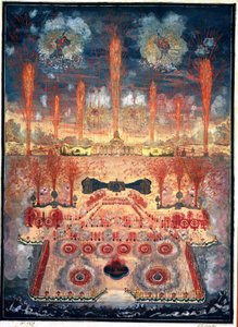 1744 年 6 月 16 日のモスクワ (ロシア) での花火とイルミネーション。 匿名の作品、水彩画、グワッシュ、厚紙、18 世紀半ば。 ロココ アート。 国立歴史博物館、モスクワ。 作： Unknown artist