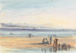 遠くに山がある浜辺の人物 作： Unknown artist
