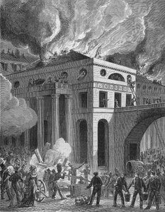 1820年、パリのオデオン座の火事。 作： Unknown artist