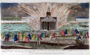 1770年5月30日、フランス王太子ルイ・オーギュストと皇帝の妹であるマリー・アントワネット大公夫人との結婚に際してルイ15世広場で打ち上げられた花火。18世紀末のエングレーヴィング。 作： Unknown artist