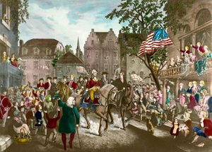 アメリカ独立戦争の第一弾。ジョージ・ワシントン（1732〜1799）がイギリスの敗北後、ニューヨークに凱旋したときの様子 作： Unknown artist