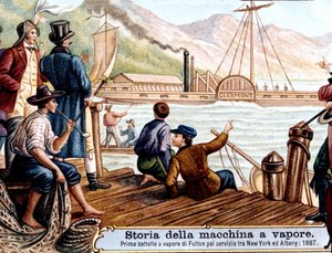 アメリカ人技師ロバート・フルトン（1765-1815）による蒸気船「クレモント」のアメリカ・ハドソン川での初航海