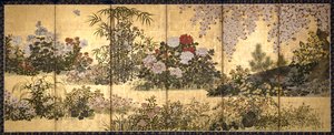 花と蝶（紙にインク、色、金箔） 作： Unknown artist