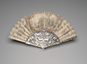 ジェイコブが井戸のそばでレイチェルと出会う扇子、1760年代から70年代頃（単一の羊皮紙の葉にガッシュと水彩、真珠層、金メッキとペーストの宝石） 作： Unknown artist