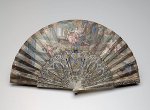 フランソワ・ブーシェの後の「リナルドとアルミダ」の扇子、1734-50年頃（二重ベラムと紙の葉、マザーオブパール、金メッキとペーストの宝石にガッシュとw - c） 作： Unknown artist