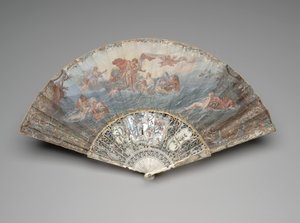 フランソワ・ブーシェの後、1753年以降、「太陽の設定」の扇子（ガッシュとベラムの葉、アイボリー、ギルディング、ガッシュ、マザーオブパール、ペーストの宝石） 作： Unknown artist