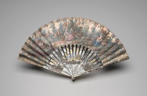 牧歌的なシーンの扇子、c.1740-60（二重紙の葉のガッシュ、マザーオブパール、金メッキとペーストの宝石） 作： Unknown artist