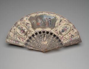 1780年頃のウェットナースへの訪問シーンの扇子（二重絹の葉、真鍮、金属糸、べっ甲、金メッキ、真珠層とペーストの宝石のガッシュ） 作： Unknown artist