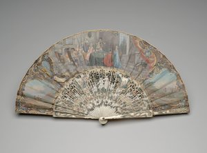 ファッショナブルなインテリアのカードプレーヤーのシーンを備えた扇子、c.1740s-50s（単一のベラムの葉、象牙または骨、金メッキ、ガッシュ、シルク、真鍮のガッシュと水彩画） 作： Unknown artist