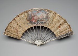 ヴィーナスの誕生の扇子、c.1770s-80s（単一の絹の葉、わら、真鍮、金属糸、骨、金メッキ、真珠層、ペーストの宝石にガッシュ） 作： Unknown artist