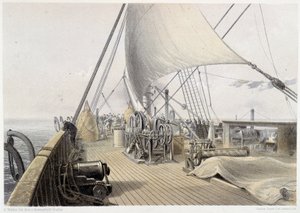 1858年8月11日、グラップリングの最後の試みのためにクリアされた前部デッキ - 1860年頃、W.H.ラッセルの "The Atlantic telegraph "にて 作： Unknown artist