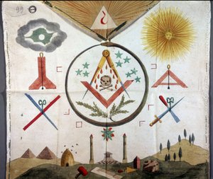 Franc-Maconnerie。18～19世紀のフランス式儀礼の騎士団のマコンのエプロンに描かれたマコンのエンブレム。ミラノ国立公文書館 作： Unknown artist
