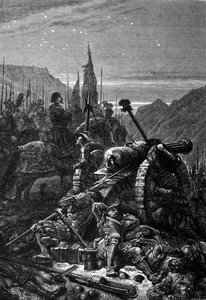 1515年9月、マリニャンの戦いの前夜、鞍に乗ったままのフランソワ1世（1494 - 1547）。19世紀のエングレーヴィング。 作： Unknown artist