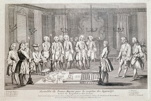 フリーメイキング。"Assembly of Francs Macons for the admission of apprentices" 受領者がロッジに入るための儀式。第二監督者に導かれて、目を剥いてグランド・マスター（左に座っている）に向かって前進する。その際 作： Unknown artist