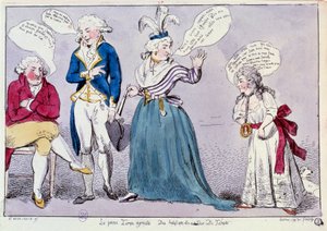 フランス革命。王妃マリー・アントワネット（1755-1793）と神殿の牢獄に閉じ込められたルイ16世の家族に対する漫画。王妃と王の妹マダム・エリザベートが、王の目の前で口論している。二人の言葉は吹き出しで書かれている 作： Unknown artist