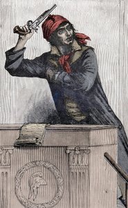 フランス革命。ジャン・ポール・マラット（1743-1793）の肖像、モンタニャール人の大会副官、演壇でピストルを構える。 作： Unknown artist