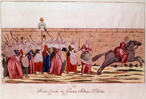 1789年のフランス革命：1789年10月5日、ヴェルサイユに向かう前衛女性たち。18世紀のエングレーヴィング。パリ、B. N. 作： Unknown artist