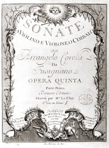 アルカンジェロ・コレッリ（1653-1713）のヴァイオリン、バス、ハープシコードのための12のソナタの正面図です。フランス語版です。 作： Unknown artist