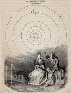 ベルナール・ル・ブイエ（Le Bovier）による「世界の複数性」の正面図 フォントネル（1657-1757）が1756年にベルナール・ピカールに彫らせたもの。 作： Unknown artist