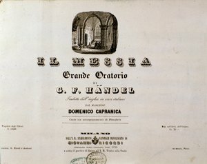 イギリスに帰化したドイツ人作曲家ジョージ・フリードリッヒ・ヘンデル（Georg Friedrich Handel）の楽譜「The Messiah」（メサイア）の正面図 作： Unknown artist
