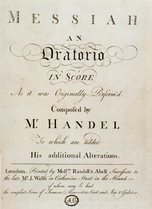 イギリスに帰化したドイツ人作曲家ジョージ・フリードリッヒ・ヘンデル（Georg Friedrich Handel）の楽譜「The Messiah」（メサイア）の正面図 作： Unknown artist