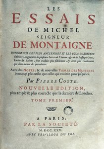 フランスの作家であり人文主義者であるミシェル・ド・モンテーニュ（1533-1592）の「Les essays」の正面図。1725年 Barcelona.カタルーニャ州の図書館