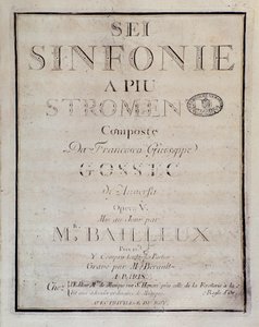 フランソワ・ジョセフ・ゴセックの「Sei sinfonie a piu strumenti op.5（第1交響曲）」のスコアの扉。フランソワ・ジョセフ・ゴセック作曲「交響曲第1番」の楽譜（正面