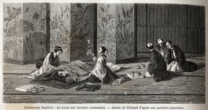 葬儀の儀式：最後の秘跡の僧侶。1863年から1864年にかけての日本への航海を説明するために、スイス盟約者団の大臣アイム・アンベールが、エドゥアールの指導のもとに出版された「Le tour du monde, nouveau journal des voyages」に描いた版画。 作： Unknown artist
