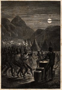 ラクタ族（上ナイル地方の部族）の葬儀、月明かりの下での太鼓と儀式の踊り。サミュエル・ホワイト・ベイカー卿が1861年から1864年にかけて行ったアルバート湖での航海を描いたエングレーヴ。