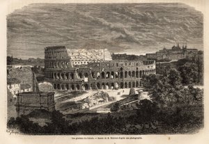 ローマのコリゼの全景。ティトゥス皇帝の時代、80年に完成したフラビア式円形劇場で、75,000人を収容でき、6世紀まで使用されていました。 作： Unknown artist