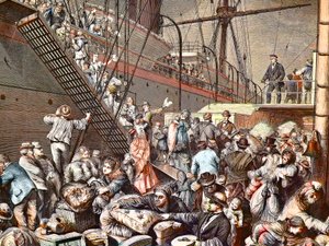 1874年、ハンブルグの蒸気船に乗り込むニューヨークへのドイツ移民たち、エングレービング - (Deutsche Emigranten) 作： Unknown artist