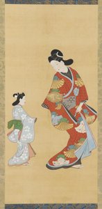 緋色と金色のドレスを着た女の子と子供 作： Unknown artist