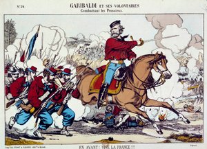 ジュゼッペ・ガリバルディ（1807-1882）が志願兵と一緒にプロイセンと戦っている様子。"前進、フランス万歳 "1871年頃。エングレーヴィング B.N.パリ 作： Unknown artist